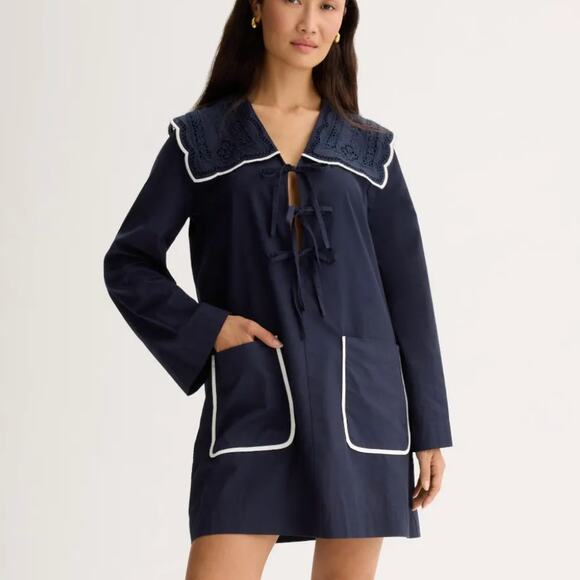 SEA Blue Mini Shift Dress SMALL Nautical Anime Cottage Embroidered Designer $400 - Picture 1 of 12